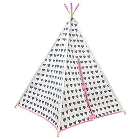 Home Canvas Furniture Trading LLC.Cotton Canvas Teepee Play Tent 4 walls heart pattern- Grey/Pink Play House 