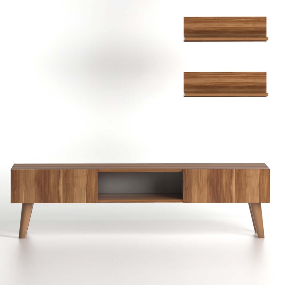 Home CanvasHome Canvas Atlantis Modern Tv Stand with 2 Wooden Wall Mount Shelf - Walnut TV Unit 