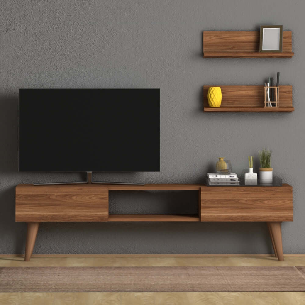 Home CanvasHome Canvas Atlantis Modern Tv Stand with 2 Wooden Wall Mount Shelf - Walnut TV Unit 