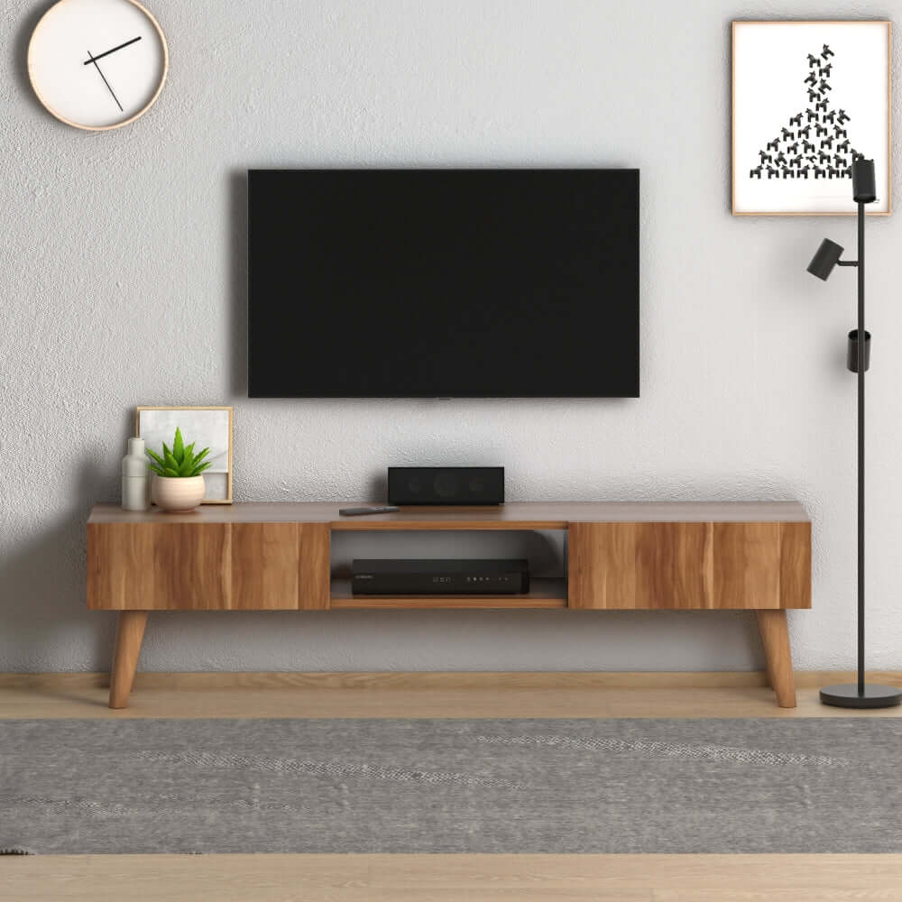 Home CanvasHome Canvas Atlantis Modern Tv Stand with 2 Wooden Wall Mount Shelf - Walnut TV Unit 