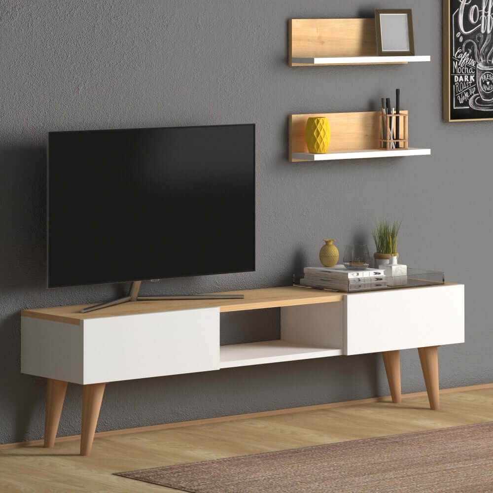 Home CanvasHome Canvas Atlantis Modern Tv Stand with 2 Wooden Wall Mount Shelf - Walnut TV Unit 