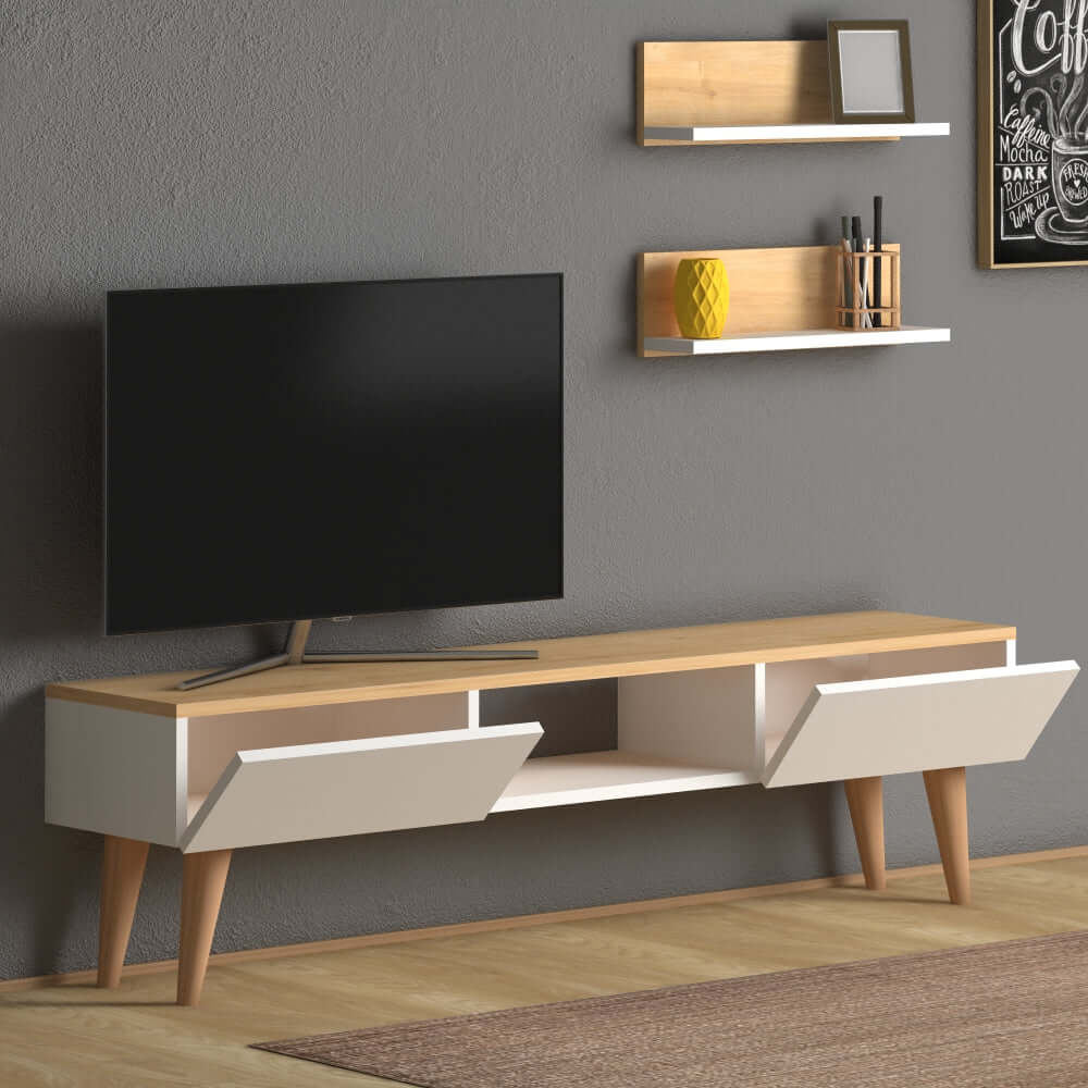 Home CanvasHome Canvas Atlantis Modern Tv Stand with 2 Wooden Wall Mount Shelf - Walnut TV Unit 