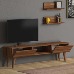 Home CanvasHome Canvas Atlantis Modern Tv Stand with 2 Wooden Wall Mount Shelf - Walnut TV Unit Walnut 