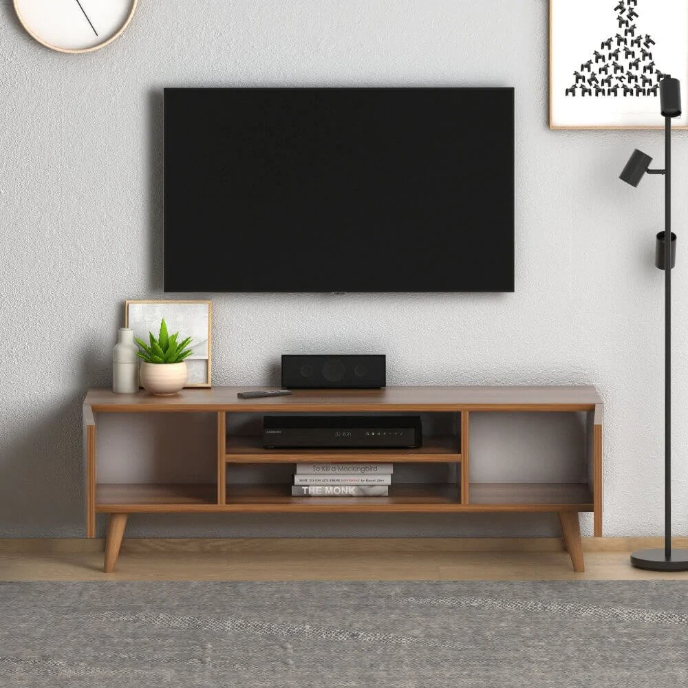 Home CanvasHome Canvas Etna Modern TV Stand for Living Room with Wooden Legs - Walnut TV Unit 