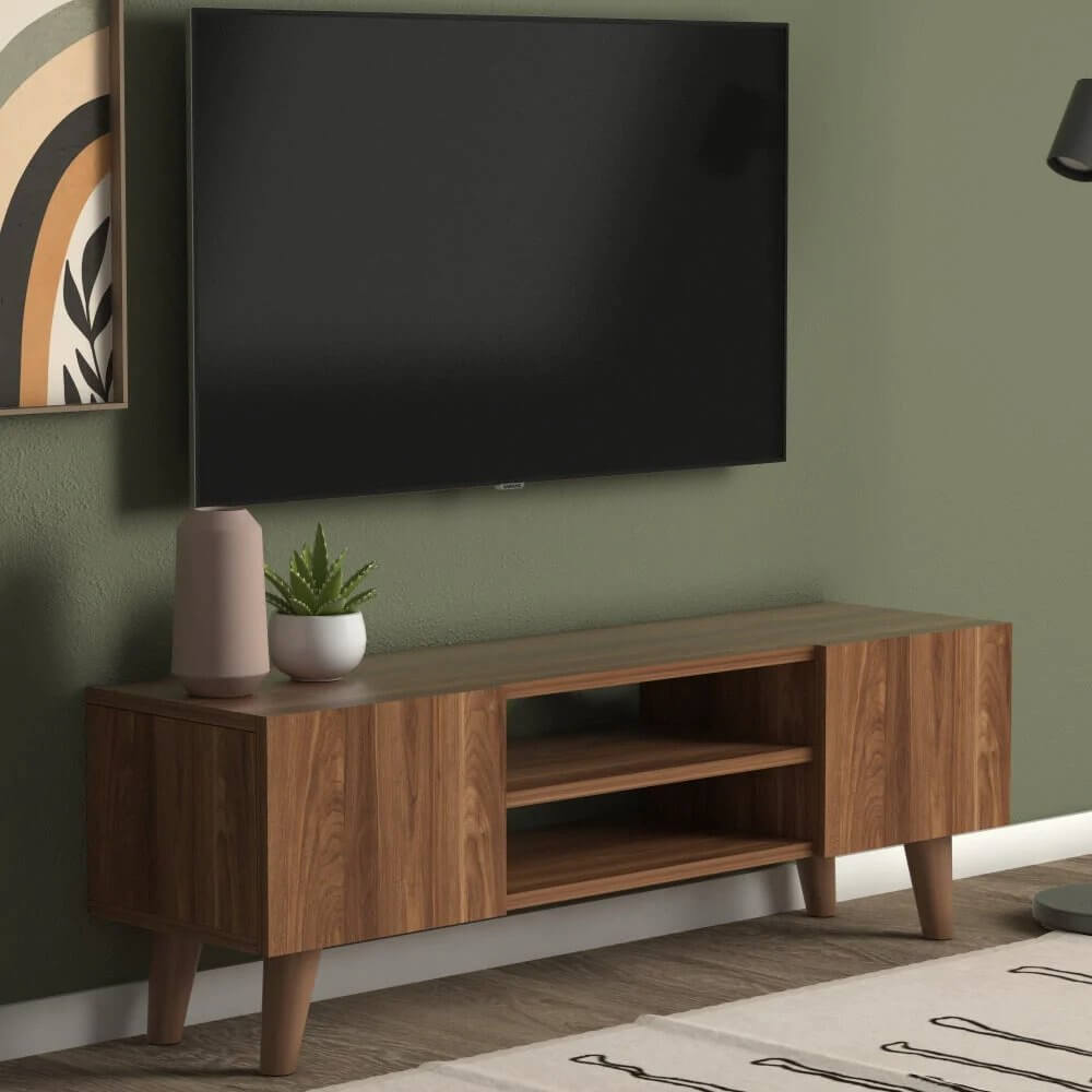 Home CanvasHome Canvas Etna Modern TV Stand for Living Room with Wooden Legs - Walnut TV Unit 