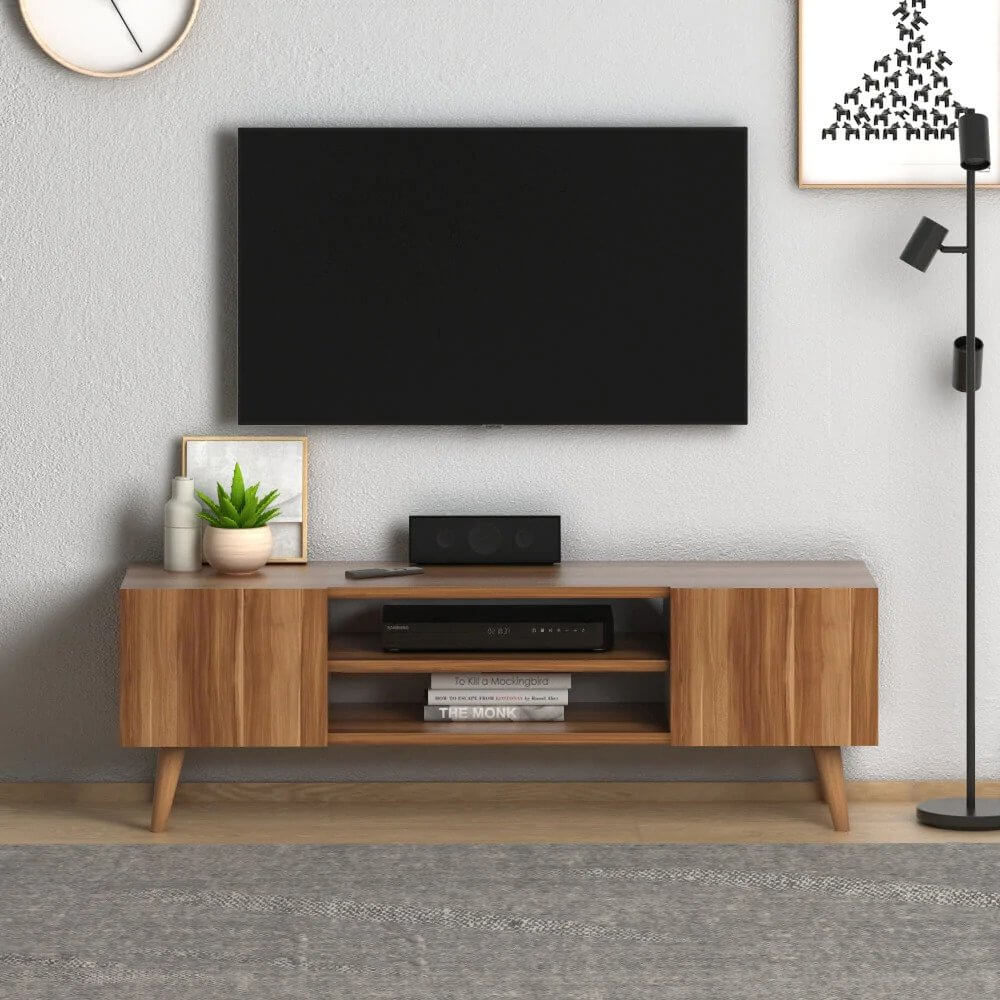 Home CanvasHome Canvas Etna Modern TV Stand for Living Room with Wooden Legs - Walnut TV Unit 