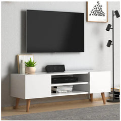 Home CanvasHome Canvas Etna Modern TV Stand for Living Room with Wooden Legs - Walnut TV Unit White 