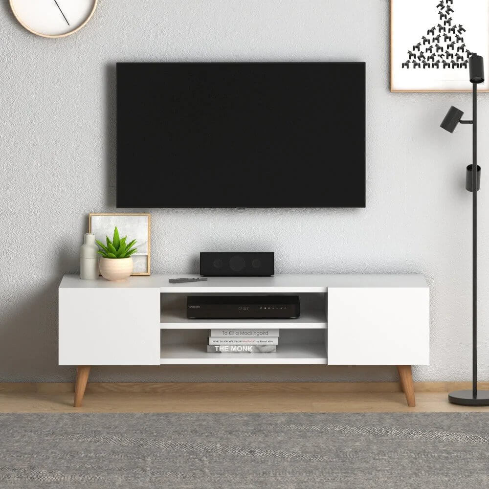 Home CanvasHome Canvas Etna Modern TV Stand for Living Room with Wooden Legs - White TV Unit 