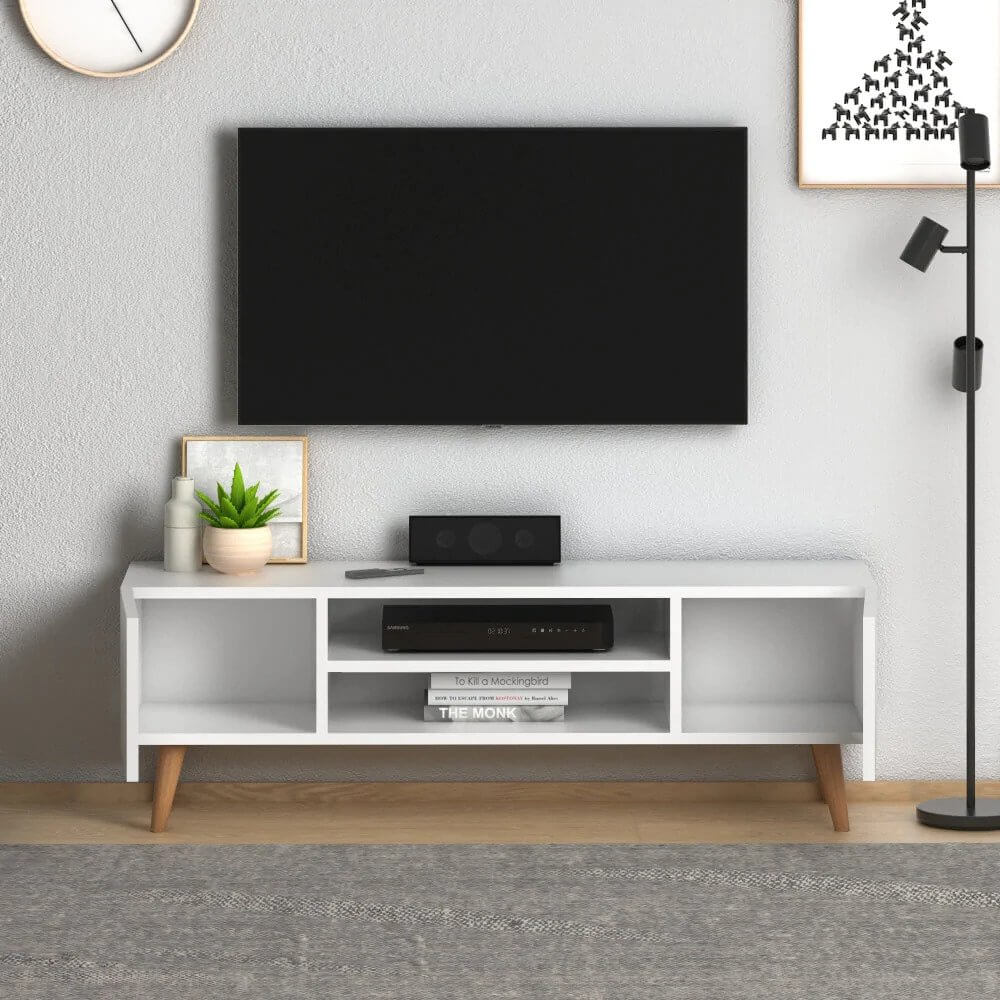 Home CanvasHome Canvas Etna Modern TV Stand for Living Room with Wooden Legs - White TV Unit 