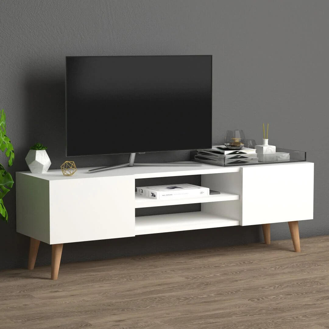 Home CanvasHome Canvas Etna Modern TV Stand for Living Room with Wooden Legs - White TV Unit 