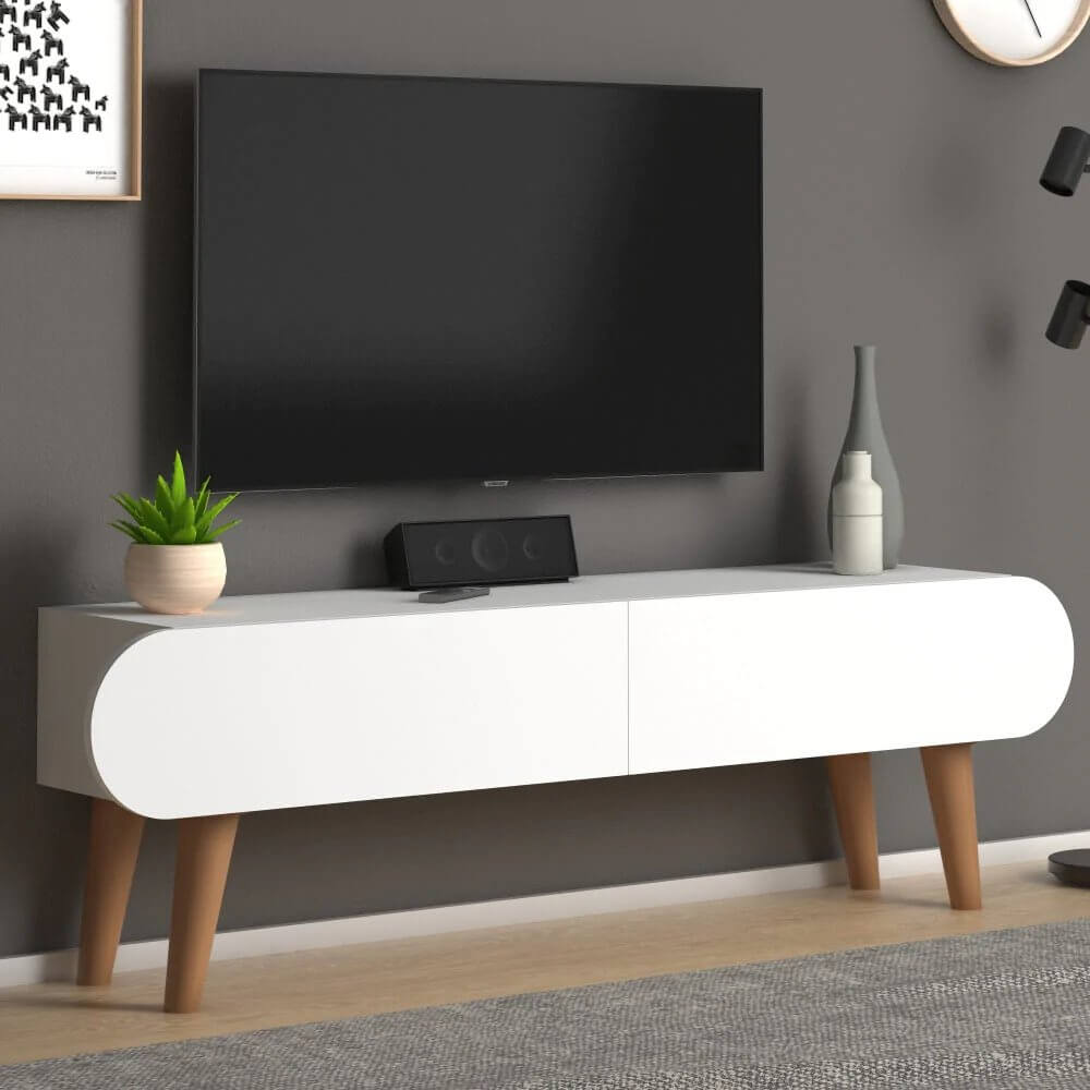 Home CanvasHome Canvas Lotus Modern TV Stand with Storage - Solid Wooden Legs - White TV Unit 