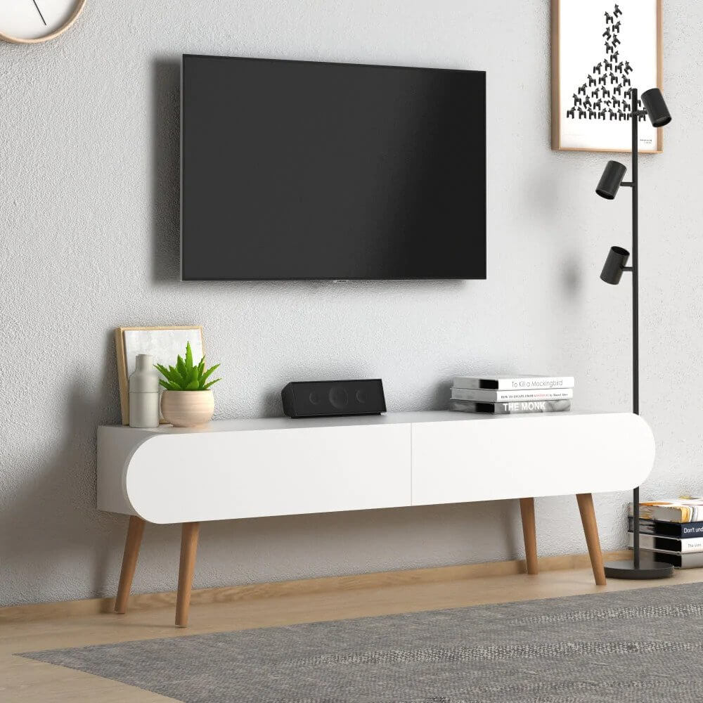 Home CanvasHome Canvas Lotus Modern TV Stand with Storage - Solid Wooden Legs - White TV Unit 