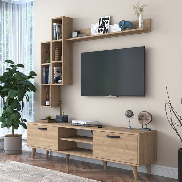Home CanvasHome Canvas Lush Tv Unit With Wall Shelf Tv Stand With Bookshelf Wall Mounted With Shelf Modern Leg 180 cm - Walnut TV Unit 
