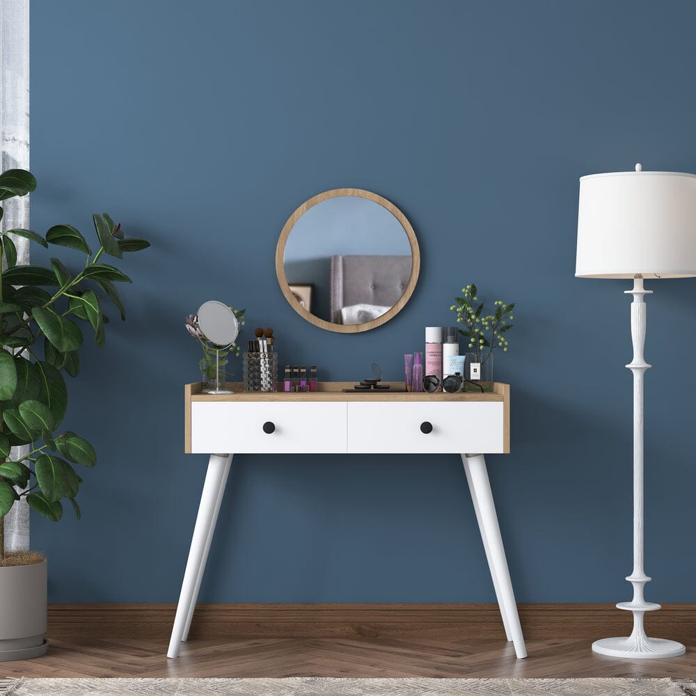 Home CanvasHome Canvas Makeup Dressing Table 2 Drawers Mirrored Jewelry Organizer S. Walnut - White Dressing Table 