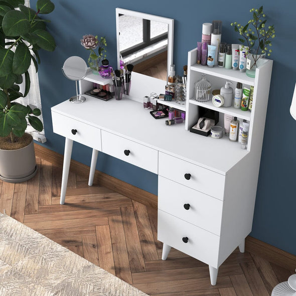 Home CanvasHome Canvas Makeup Dressing Table 5 Drawers Shelf Mirrored Jewelry Organizer White Dressing Table 