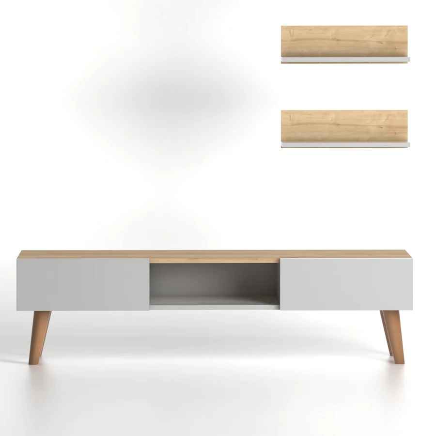 Home CanvasHome Canvas Modern TV Stand for Living Room with Mount Shelf - White Oak TV Unit 