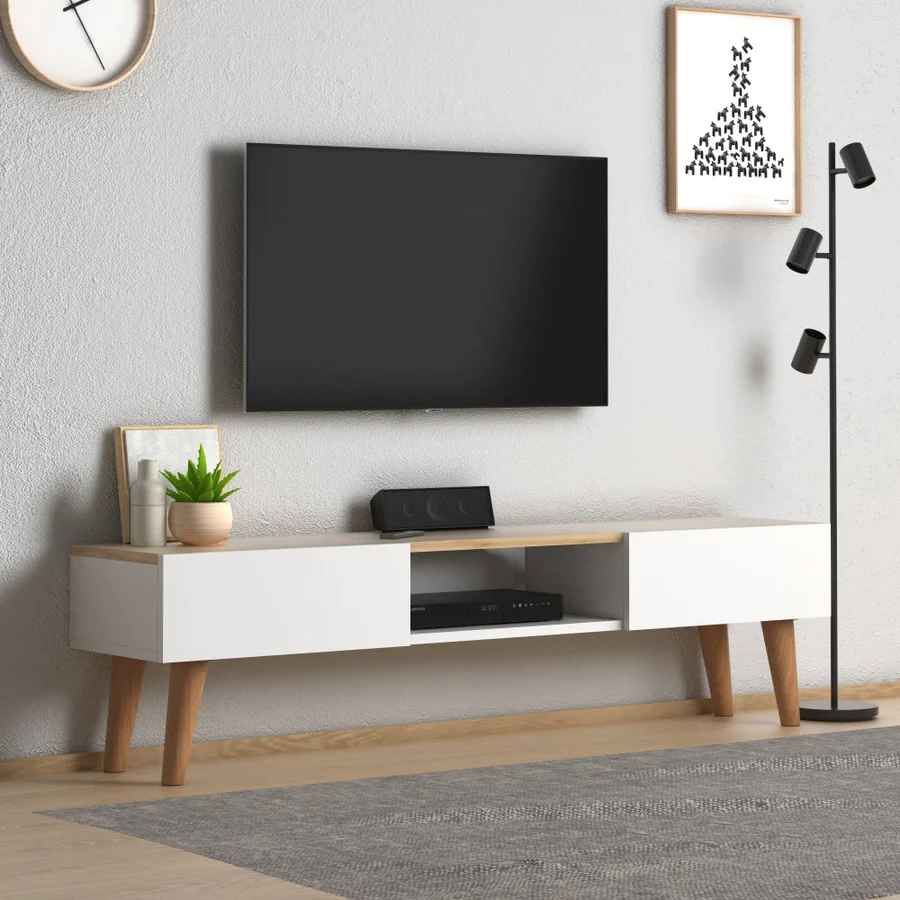 Home CanvasHome Canvas Modern TV Stand for Living Room with Mount Shelf - White Oak TV Unit 