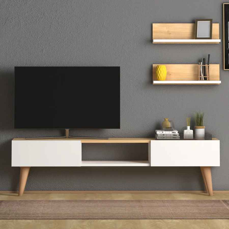 Home CanvasHome Canvas Modern TV Stand for Living Room with Mount Shelf - White Oak TV Unit 