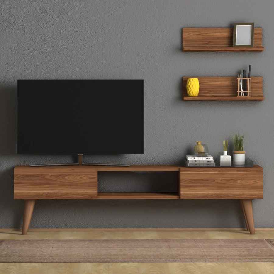 Home CanvasHome Canvas Modern TV Stand for Living Room with Mount Shelf - White Oak TV Unit 