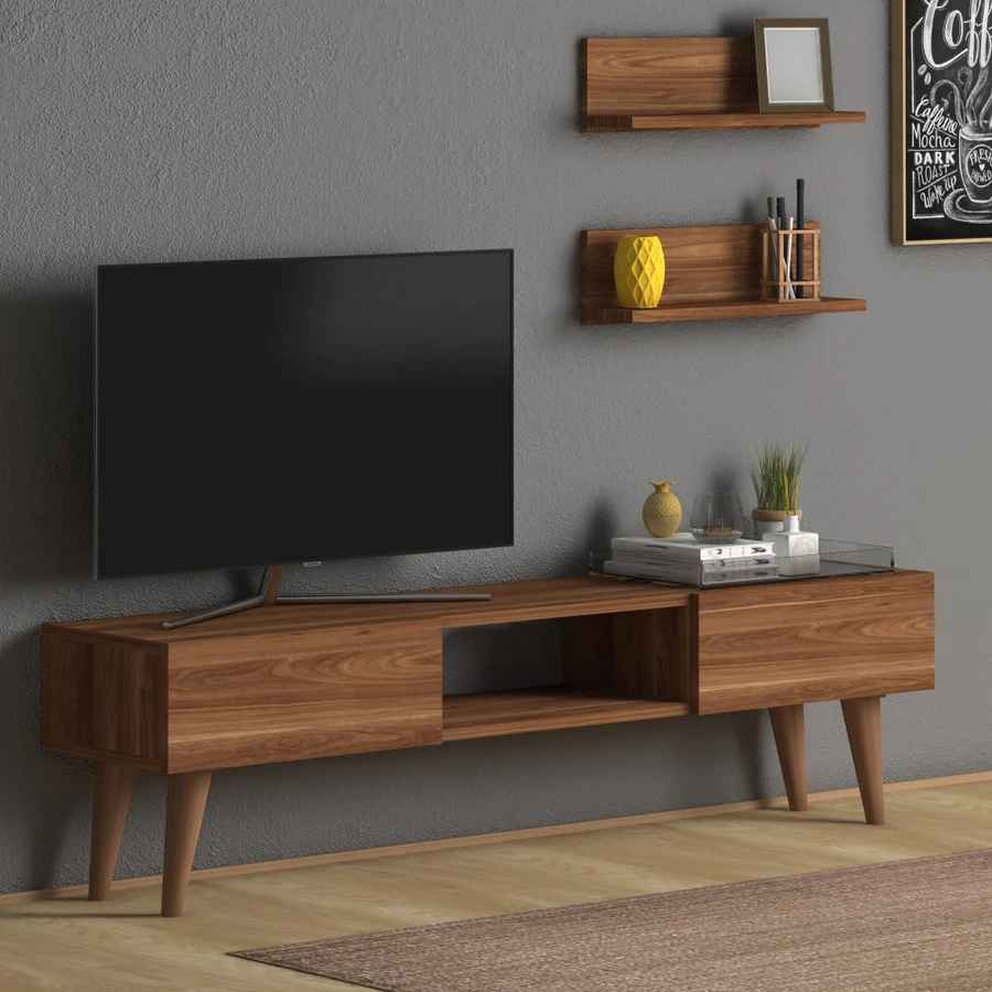 Home CanvasHome Canvas Modern TV Stand for Living Room with Mount Shelf - White Oak TV Unit 