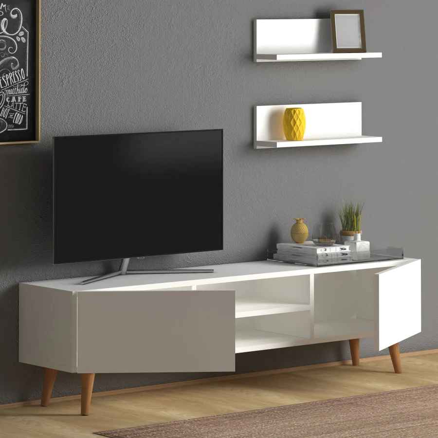 Home CanvasHome Canvas Plane Modern TV Stand with 2 White Shelf for Living Room - White TV Unit 