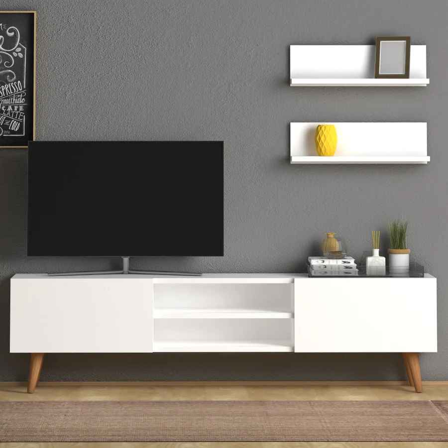 Home CanvasHome Canvas Plane Modern TV Stand with 2 White Shelf for Living Room - White TV Unit 