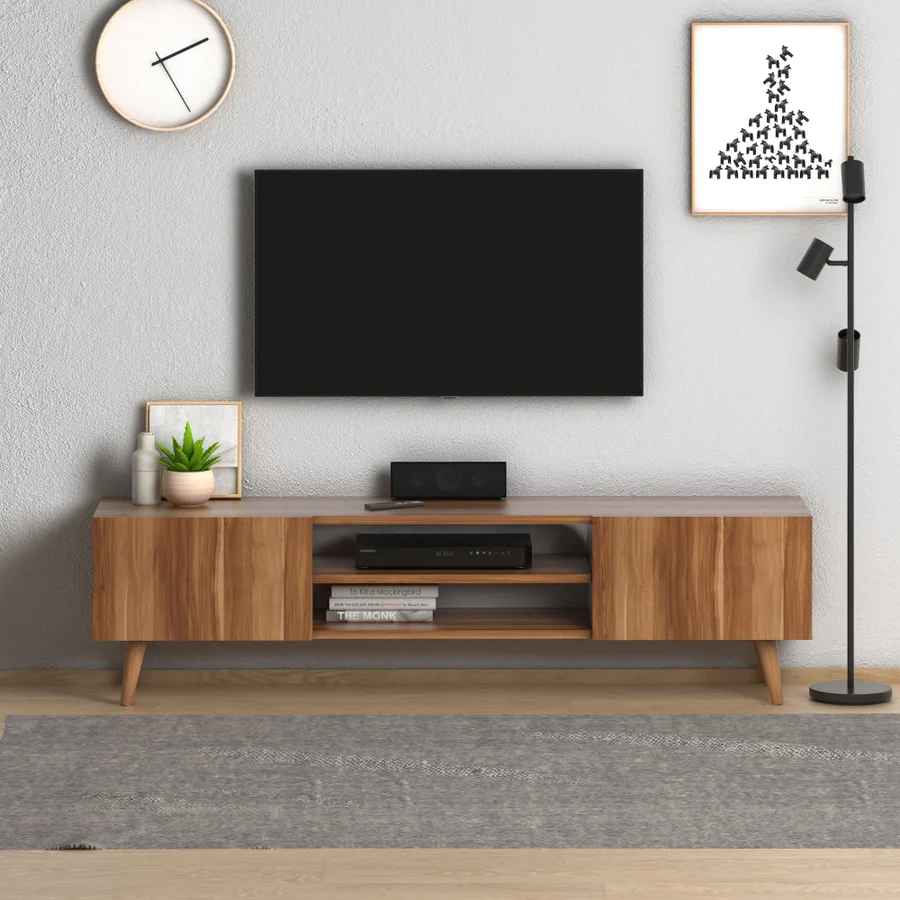Home CanvasHome Canvas Plane Modern TV Stand with 2 Wooden Walnut Mount Shelf - Walnut TV Unit 