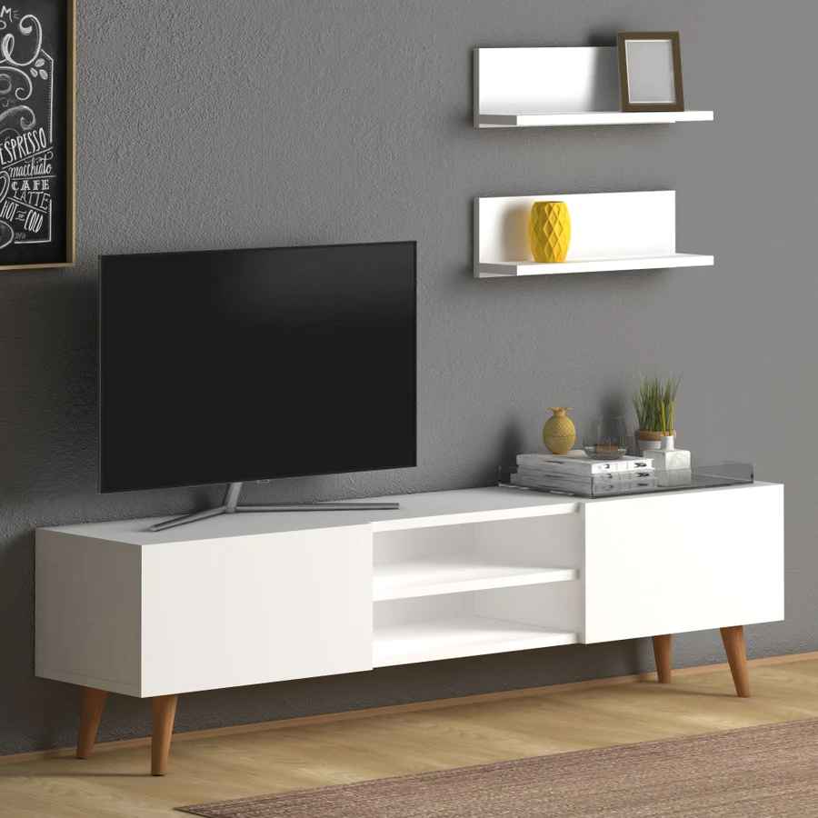 Home CanvasHome Canvas Plane Modern TV Stand with 2 Wooden Walnut Mount Shelf - Walnut TV Unit White 