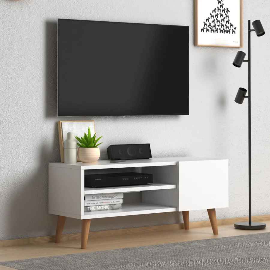Home CanvasHome Canvas Porto Modern TV Stand for Living Room - with Wooden Legs - White TV Unit 