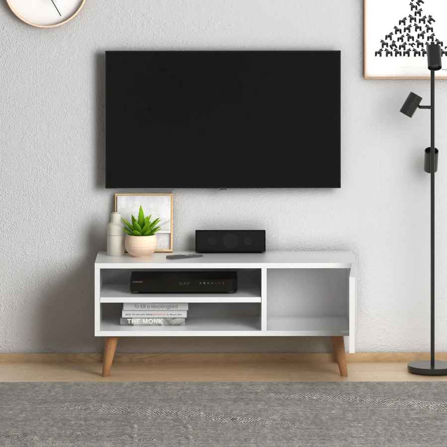 Home CanvasHome Canvas Porto Modern TV Stand for Living Room - with Wooden Legs - White TV Unit 