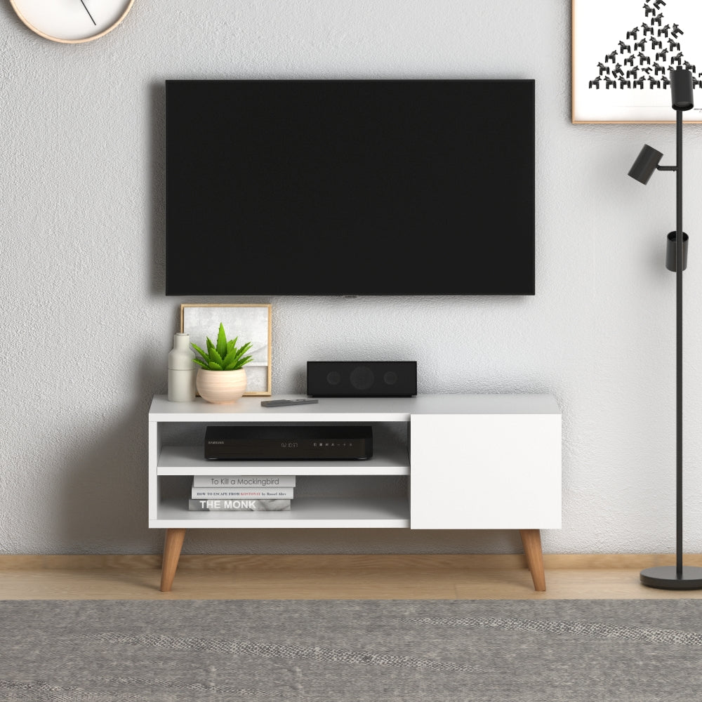 Home CanvasHome Canvas Porto Modern TV Stand with Wooden Legs - Living Room - White TV Unit 