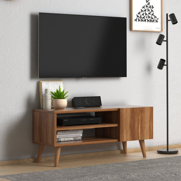 Home CanvasHome Canvas Porto Modern TV Stand with Wooden Legs - Living Room - White TV Unit Walnut 