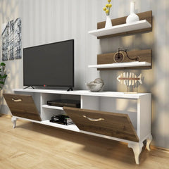 Home Canvas Furniture Trading LLC.Home Canvas TV Stand with Wall Shelf TV Unit with Bookshelf Modern Pedestal Design 150 cm - Walnut and White TV Stand 