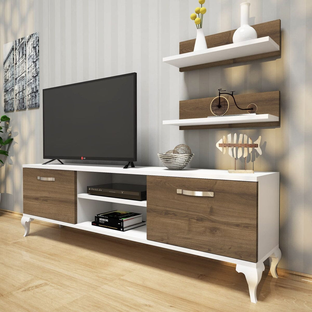 Home Canvas Furniture Trading LLC.Home Canvas TV Stand with Wall Shelf TV Unit with Bookshelf Modern Pedestal Design 150 cm - Walnut and White TV Stand White-Antique 