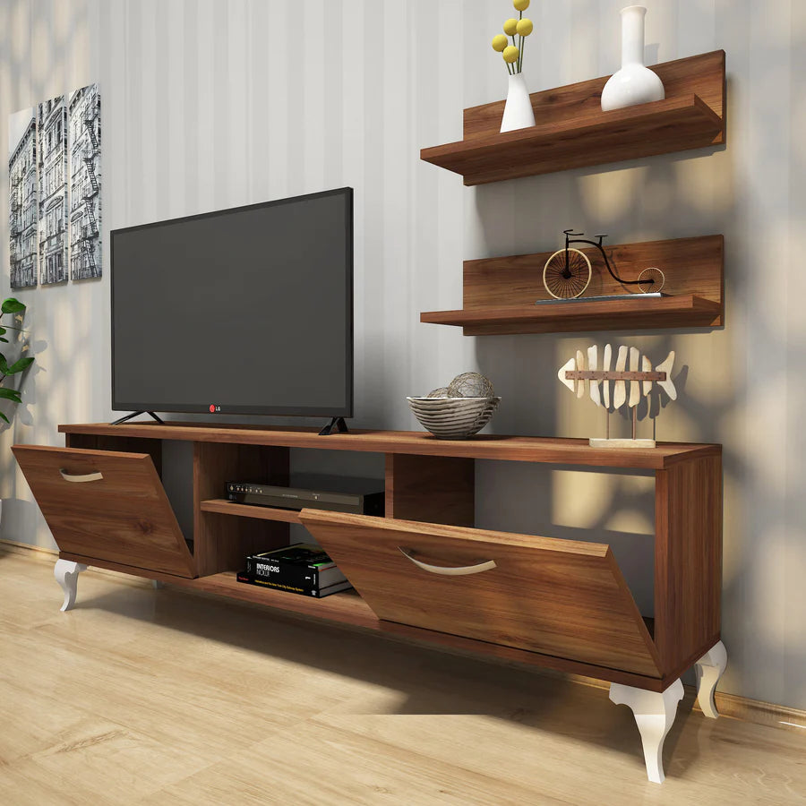 Home Canvas Furniture Trading LLC.Home Canvas TV Stand with Wall Shelf TV Unit with Bookshelf Modern Pedestal Design 150 cm - Walnut with White Leg TV Stand 