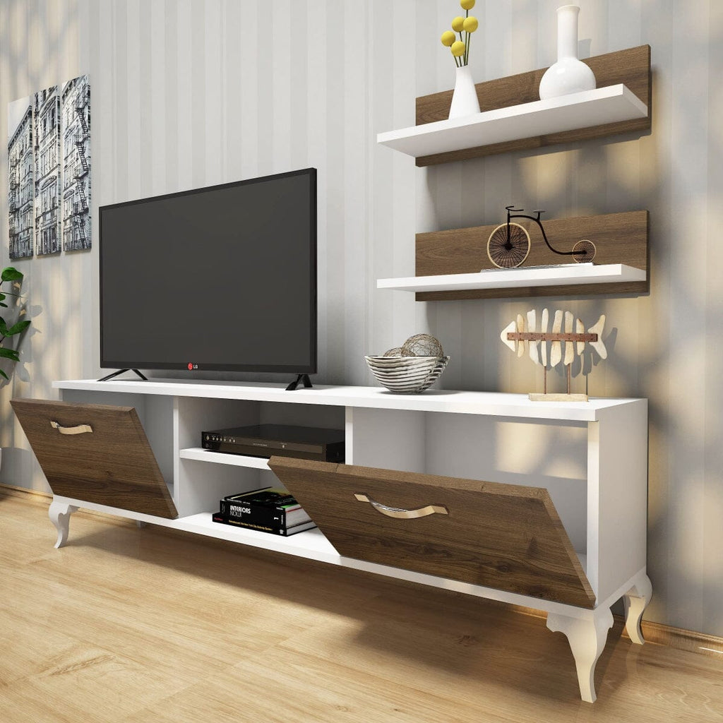 Home Canvas Furniture Trading LLC.Home Canvas TV Stand with Wall Shelf TV Unit with Bookshelf Modern Pedestal Design 150 cm - Walnut with White Leg TV Stand 
