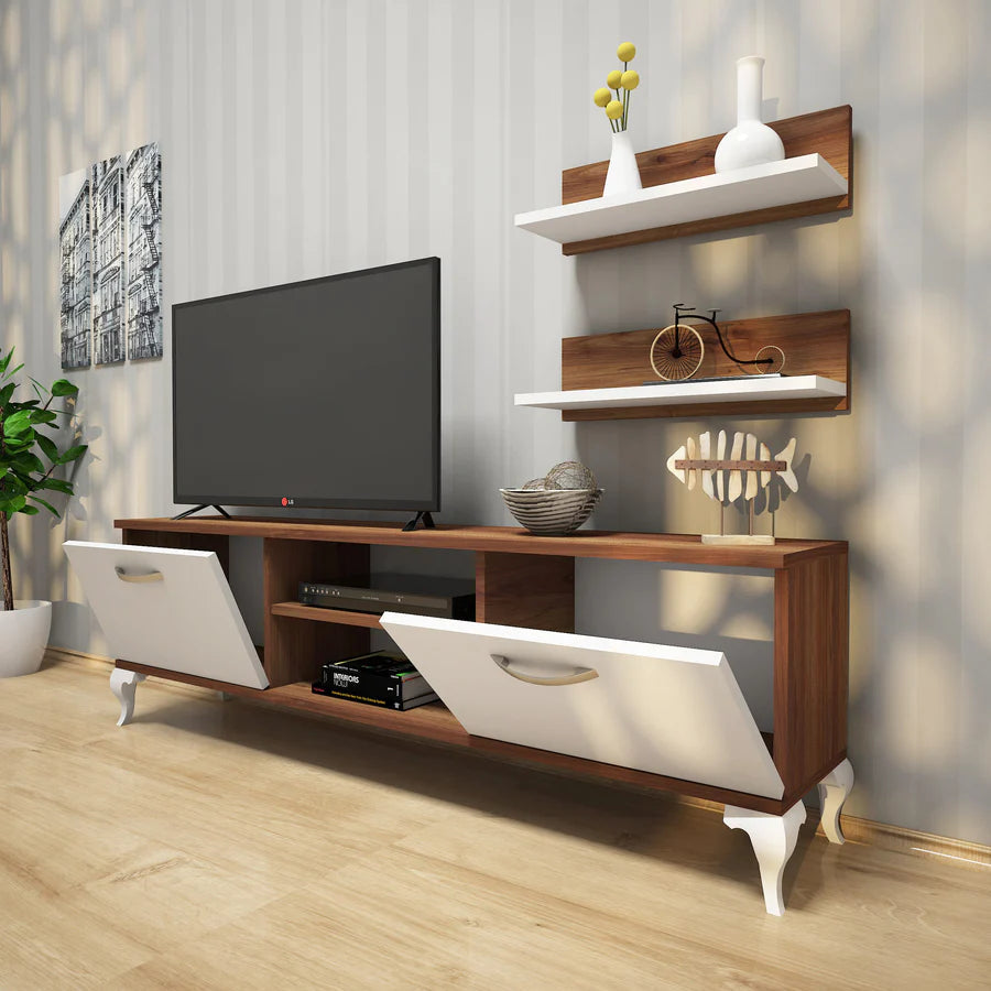 Home Canvas Furniture Trading LLC.Home Canvas TV Stand with Wall Shelf TV Unit with Bookshelf Modern Pedestal Design 150 cm - Walnut with White Leg TV Stand 