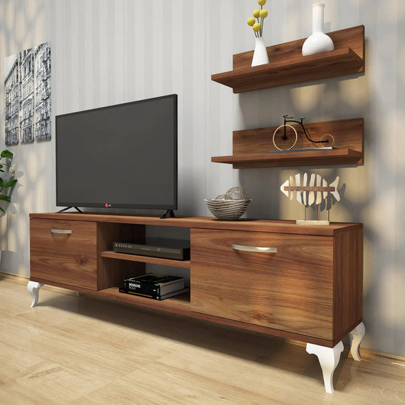 Home Canvas Furniture Trading LLC.Home Canvas TV Stand with Wall Shelf TV Unit with Bookshelf Modern Pedestal Design 150 cm - Walnut with White Leg TV Stand Walnut 