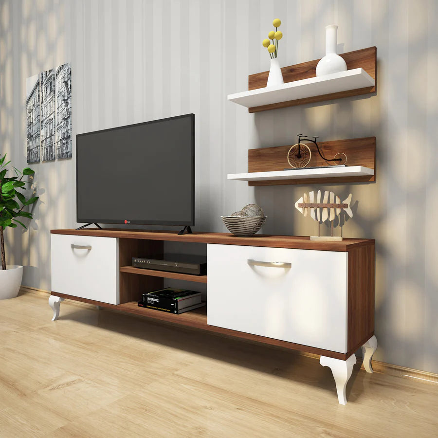 Home Canvas Furniture Trading LLC.Home Canvas TV Stand with Wall Shelf TV Unit with Bookshelf Modern Pedestal Design 150 cm - Walnut with White Leg TV Stand Walnut-White 