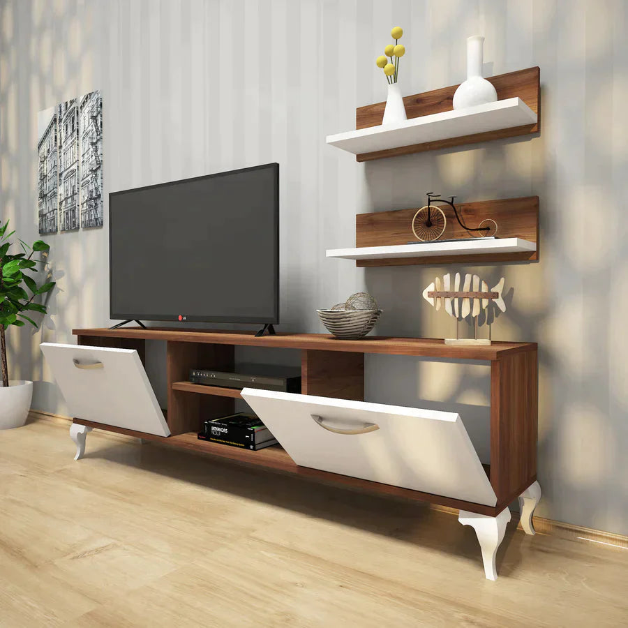 Home Canvas Furniture Trading LLC.Home Canvas TV Stand with Wall Shelf TV Unit with Bookshelf Modern Pedestal Design 150 cm - White and Antique Dark TV Stand 