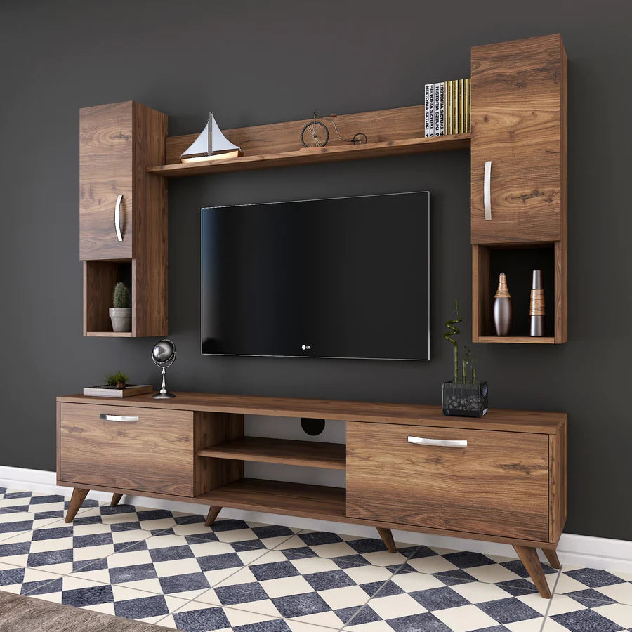 Home Canvas Furniture Trading LLC.Home Canvas TV Unit with Wall Shelf TV Stand with Bookshelf Wall Mounted with Shelf Modern Leg 180 cm - Walnut TV Stand 