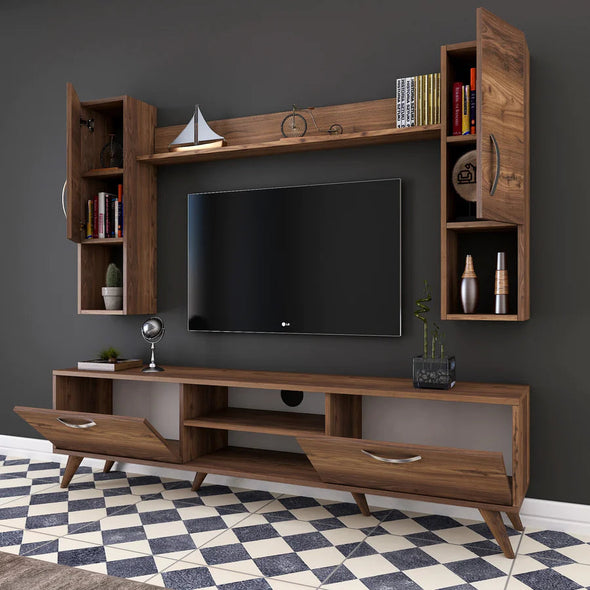 Home Canvas Furniture Trading LLC.Home Canvas TV Unit with Wall Shelf TV Stand with Bookshelf Wall Mounted with Shelf Modern Leg 180 cm - Walnut TV Stand 
