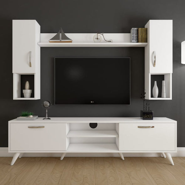 Home CanvasHome Canvas Tv Unit With Wall Shelf Tv Stand With Bookshelf Wall Mounted With Shelf Modern Leg 180 cm - White TV Unit 