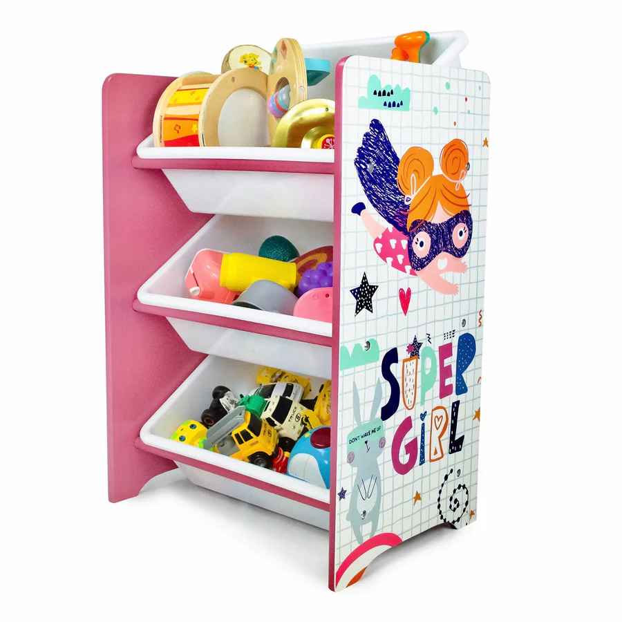 Home Canvas Furniture Trading LLC.Super Girl Toy Storage 3Bins Organizer For Kids Play Room Pink Kids Storage 