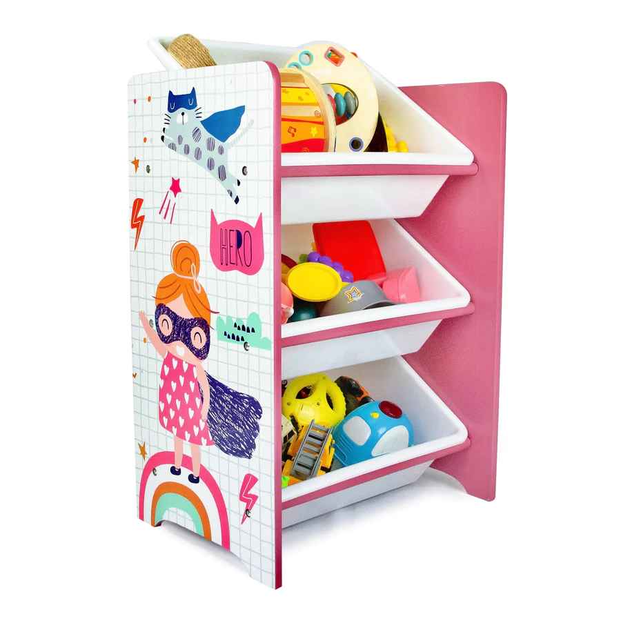 Home Canvas Furniture Trading LLC.Super Girl Toy Storage 3Bins Organizer For Kids Play Room Pink Kids Storage 