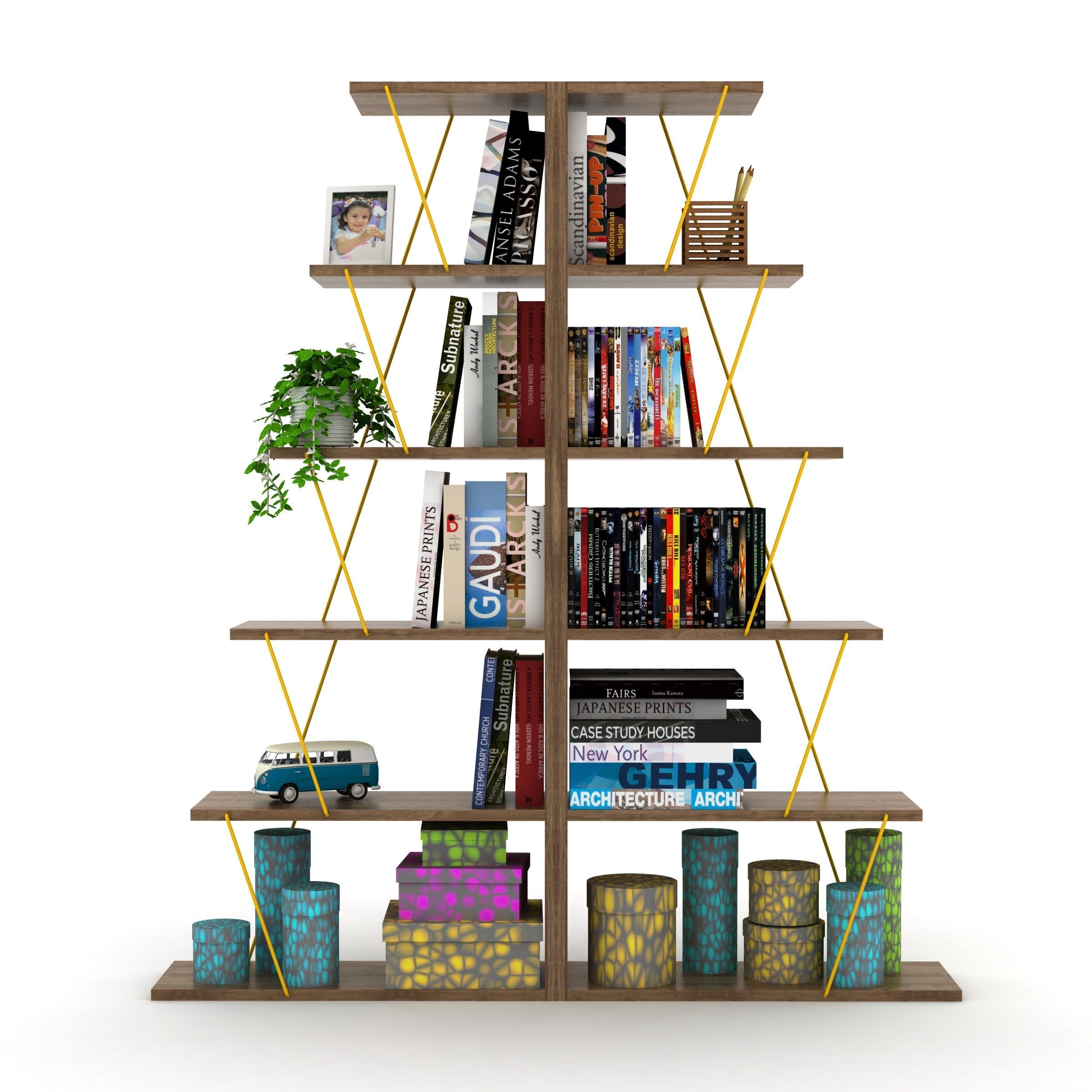 Home Canvas Furniture Trading LLC.Tars Mini Book Shelf - Walnut/Yellow Bookcase 