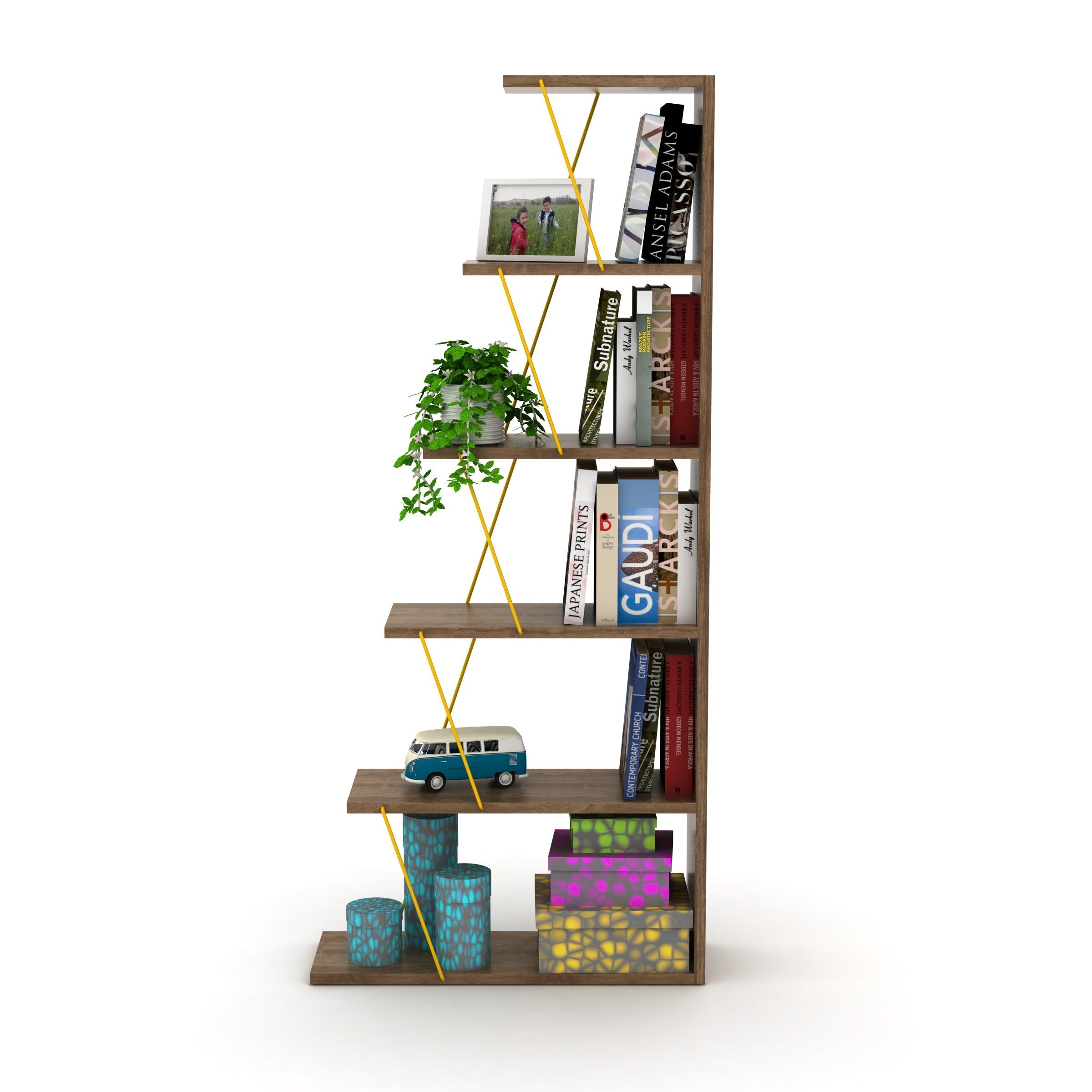 Home Canvas Furniture Trading LLC.Tars Mini Book Shelf - Walnut/Yellow Bookcase 